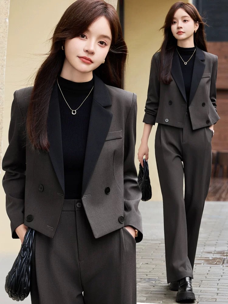 Blazer curto cinza para mulher - Women'S Formal Wear Pants Suit avaliação e preço